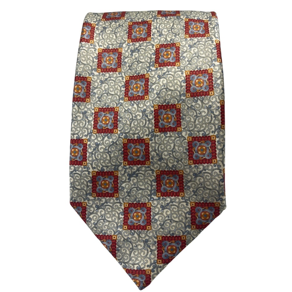 Brioni Mens Silk Tie Medallion Geometric Handmade‎ Italy Gray Red Blue Gold